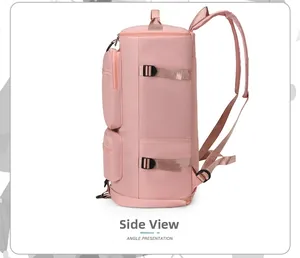 Vue latérale du sac de sport rose avec doubles poches zippées et sangles à boucles réglables