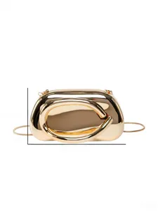 Detail view showing dimensions of the gold metallic evening clutch bag with ring handle