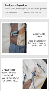Detail of high-capacity outdoor backpack showing side buckle and adjustable strap layout