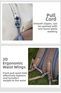 Detail of ergonomic 3D waist wings and smooth drawstring zippers on hiking backpack