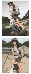 Close-up of durable nylon outdoor backpack side pocket and model hiking in mountains