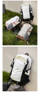 Detail view of LRD SPORTS CLUB outdoor backpacks in cream, black, and pink nylon