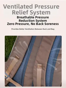Detail of breathable padded mesh back panel and wide shoulder straps on hiking backpack