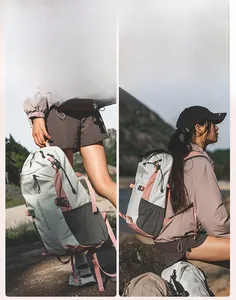 Detail of multi-functional hiking backpack featuring adjustable hat-style brim and light nylon