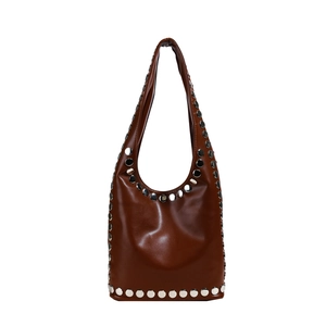 Retro brown faux leather shoulder bag with silver rivet details and hobo silhouette