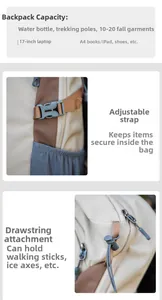 Detail view of large outdoor backpack showing 17-inch laptop storage and adjustable straps