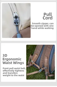 Detail of 3D ergonomic back panel and breathable mesh waist belt on outdoor backpack