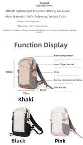 Detailed size chart and functional diagram of 48x32x15cm outdoor hiking backpack