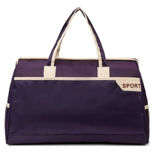 Large purple travel bag with cream handles and Sport print on a clean white background