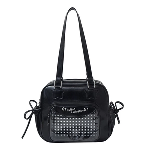Black square ita bag tote with transparent heart pocket and fashion star print