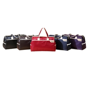 Five assorted colors of large capacity travel duffel bags with white SPORT logo