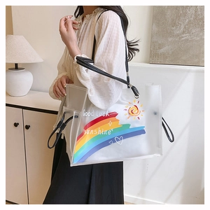 Detail of transparent PVC tote bag featuring colorful rainbow print and leather handles