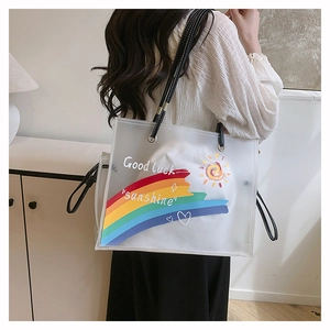 Detail showing the semi-transparent PVC tote with rainbow print and metal buckle