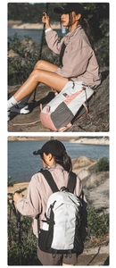 Detail of outdoor backpack with LRD SPORTS CLUB logo, mesh side pockets and side straps