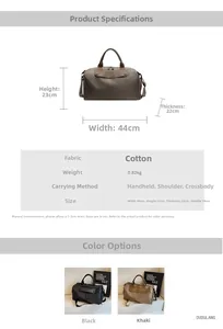 Detailed size specifications for Oxford fabric travel bag showing 44cm width and 23cm height