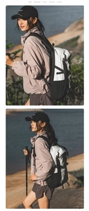Detail of outdoor backpack with breathable straps and side mesh pocket in mountain setting