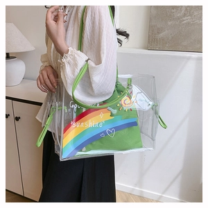 Detail of transparent PVC tote bag with vibrant green canvas drawstring inner pouch