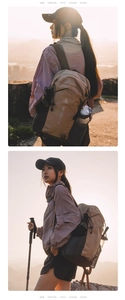 Detail view of khaki hiking backpack with side mesh pockets and adjustable straps at sunset