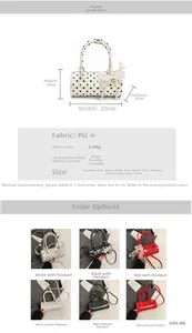 Size chart for polka dot barrel bag showing 20x10x10cm dimensions and PU leather details