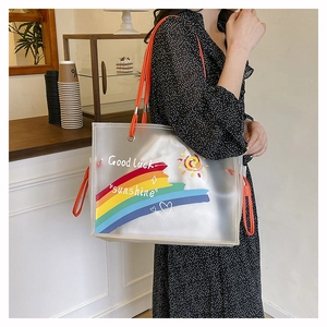 Detail of transparent PVC beach tote with rainbow print and inner canvas pouch