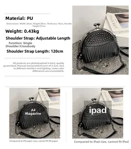 Detail view of black rivet bag with tassels showing dimensions and capacity comparison