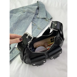 Chic black biker-style underarm bag with silver hardware and multi-pocket design