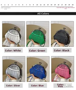 Detail of rivet tassel shoulder bags in six colors with a 20cm scale for size reference