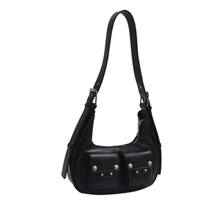 Minimalist black half-moon shoulder bag with double front pockets and silver hardware