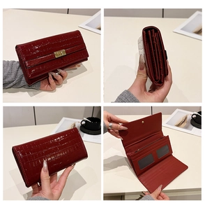 Détails du portefeuille bordeaux à motif crocodile avec fentes pour cartes et zip interne