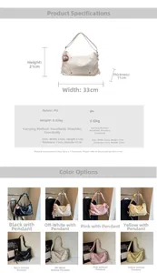 Size chart showing large capacity PU tote bag dimensions and multi-color options