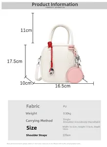 Detailed size chart and material specs for the white PU leather crossbody bag