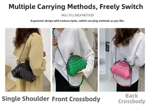 Mini shell bags with rivets and metal tassels showing crossbody and shoulder carrying ways
