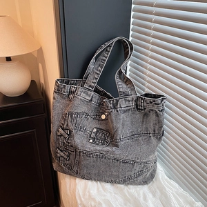 Vintage Washed Denim Tote Bag Large Capacity Cross Lace-Up Multi-Pocket Shoulder Handbag Streetwear Casual Women