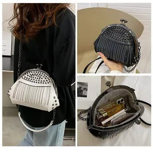 Detailed views of vintage shell bag with studs, metal chain, and internal storage space
