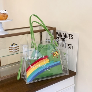 Transparent PVC Tote Bag With Rainbow Sun Print Canvas Inner Pouch Casual Clear Shoulder Handbag For Women Travel Beach