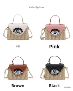 Detail showing embroidered eye motif and four color options for the straw square bag