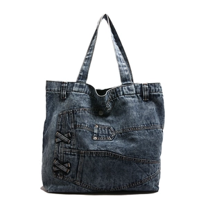 Retro washed denim tote bag with vintage stitching and large capacity storage for women