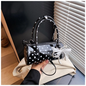 Women Polka Dot Cylinder Handbag Patent PU Leather Crossbody Bag With Artificial Pearl Lace Bow Charm Sweet Retro Style