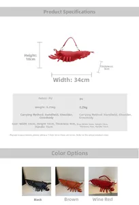 Detailed size specifications and color options for the creative lobster-shaped PU crossbody bag