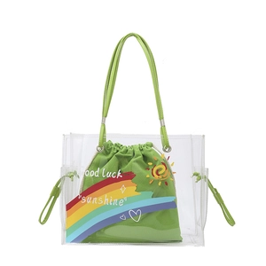 Transparent PVC tote bag with green canvas drawstring inner pouch and sunshine print