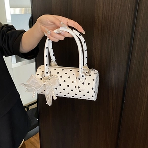 Polka dot cylinder boston handbag with white lace bow and pearl charm decoration