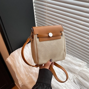 Women Crossbody Bag Canvas PU Leather Patchwork Color Block Niche Design Retro Small Square Shoulder Bag