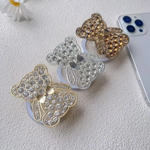 Cute Bear Rhinestone Magnetic Phone Holder Foldable Expanding Grip Stand Bling Zinc Alloy Magnetic Charging Compatible
