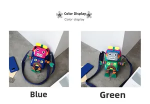 Vue détaillée des sacs bandoulière en forme de robot bleus et verts pour enfants