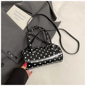 Sac Boston cylindrique à pois noirs en cuir PU brillant avec bandoulière