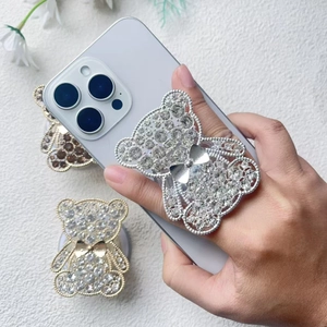 Sparkling rhinestone bear phone grip holder with metallic bow for MagSafe accessories
