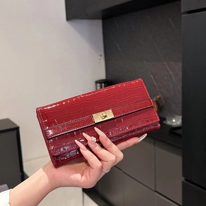 Portefeuille Long Femme Motif Crocodile Cuir PU Brillant Élégant Pochette Avec Fermoir Métallique Doré Mode Voyage