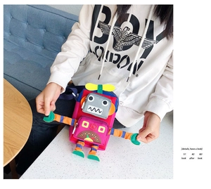 Vue détaillée du mini sac bandoulière robot coloré avec hélice et broderie fine