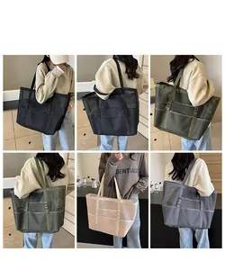 Detailed views of various mesh tote bags showing colors, capacity, and shoulder wear style