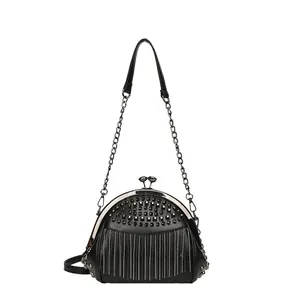 Women Retro PU Leather Shoulder Bag Studded Tassel Crossbody Bag Vintage Kiss Lock Clasp Handbag Punk Chic